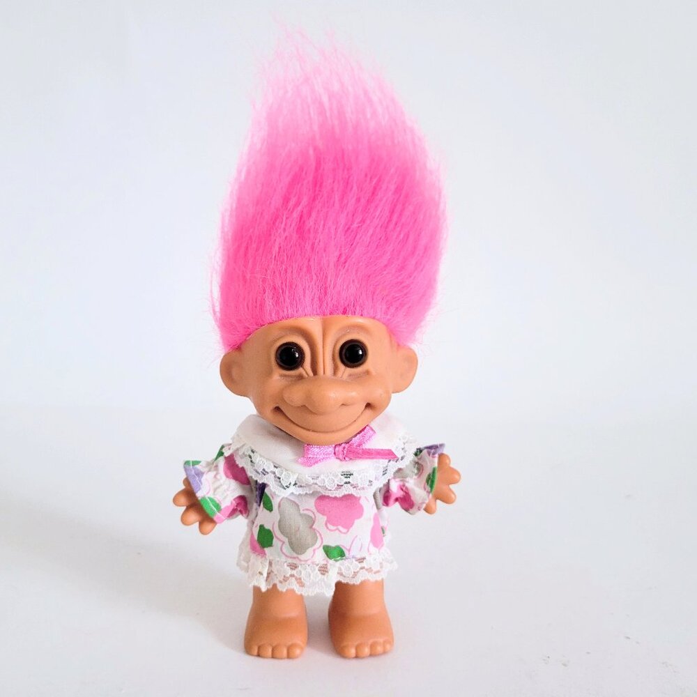 Vintage Russ Troll Doll with Pink Hair and Floral Dress Outfit 4" Toy 1990s